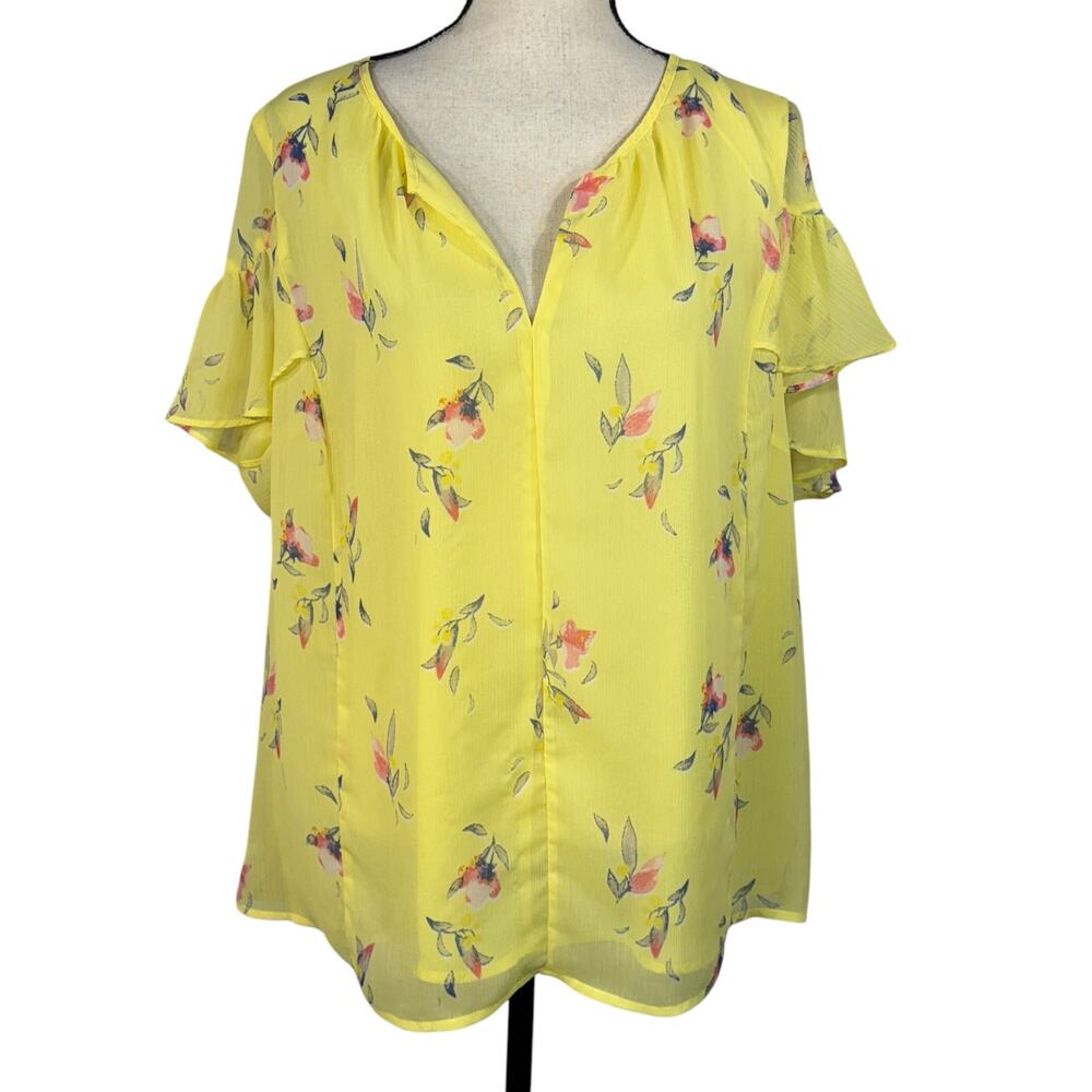 Ava & Viv 1X-Large Top Floral Lined V-Neck Ruffled Short Sleeves Lightweight